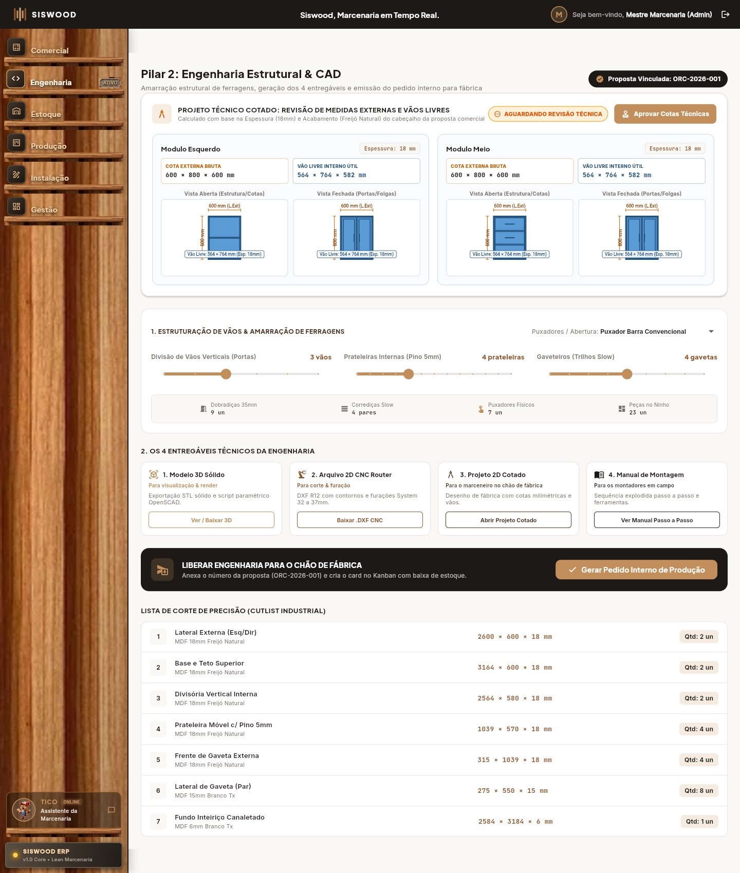 Módulo de engenharia do Siswood exibindo os quatro entregáveis técnicos e a lista de corte industrial com dimensões e quantidades de cada peça.