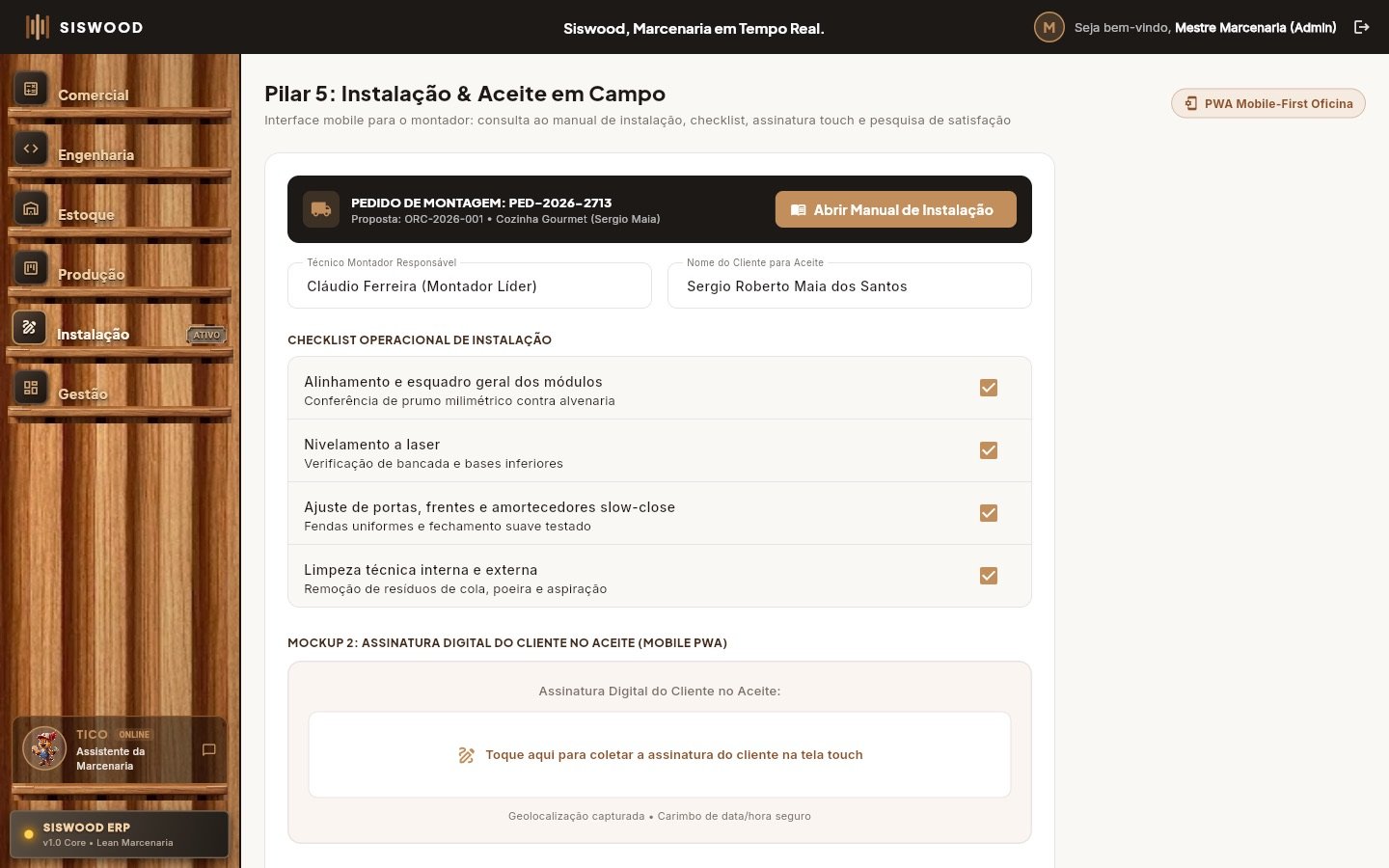 Módulo de instalação do Siswood com checklist operacional preenchido e área de assinatura digital do cliente para o aceite da entrega.